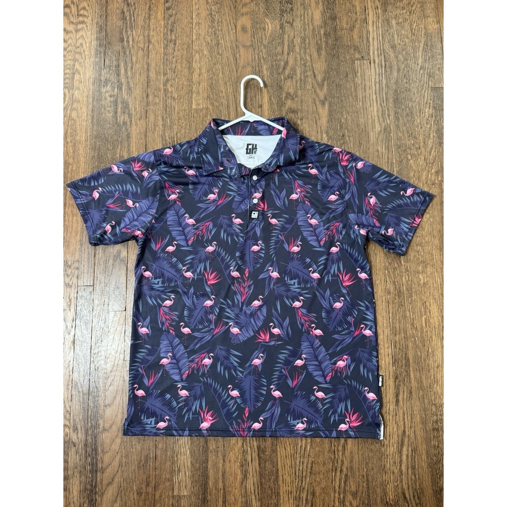 Greater Half GH Golf Polo Shirt Mens Large Performance Flamingos Tropical Blue